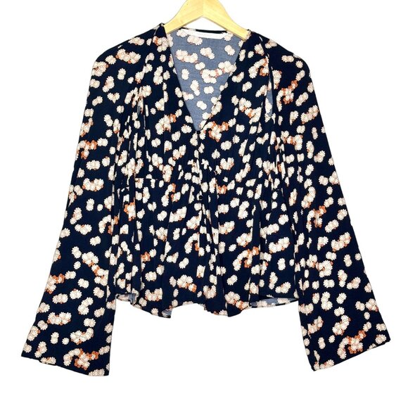 Zara Navy Floral Trafaluc Collection Peplum Long Bell Sleeve Button Top Size M - Picture 1 of 10